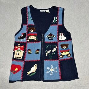 Capacity Womens Winter Christmas Sweater Vest Medium Patchwork Zip Grandmacore